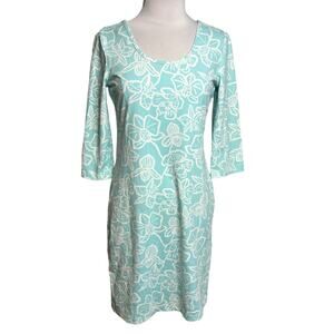 Persifor Winthrop Dress Aqua White Floral‎ Orchid Print 3/4 Sleeve Scoop Neck M